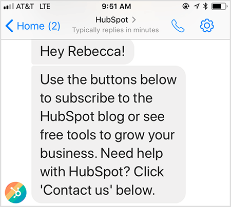 ХубСпот-ова цхатбот порука добродошлице омогућава вам да контактирате човека.