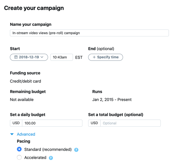 Пример подешавања кампање за приказ огласа у стриму (пре видео снимка) на Твиттер огласу.