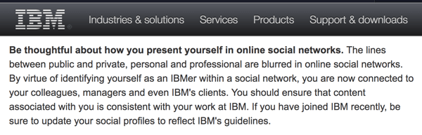 ИБМ-ове смернице за социјално рачунање подсећају запослене да представљају компанију чак и на својим личним рачунима.