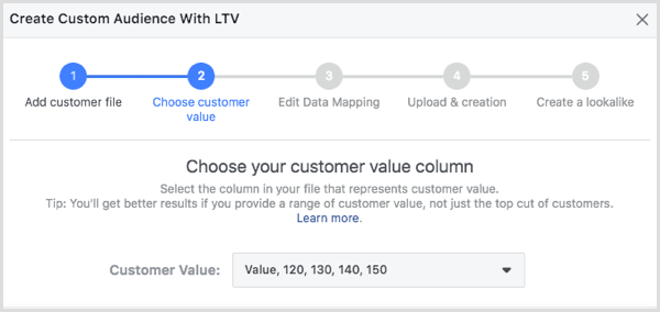 Изаберите колону вредности купца у дијалошком оквиру Креирање публике корисника уз ЛТВ.