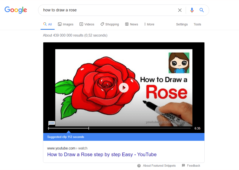 пример најбољег иоутубе видеа у гоогле резултатима претраге за „како нацртати ружу“