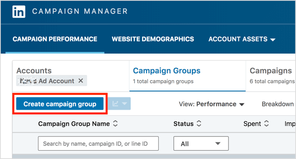 На картици Групе кампања у ЛинкедИн Цампаигн Манагер-у кликните на дугме Направи групу кампања.