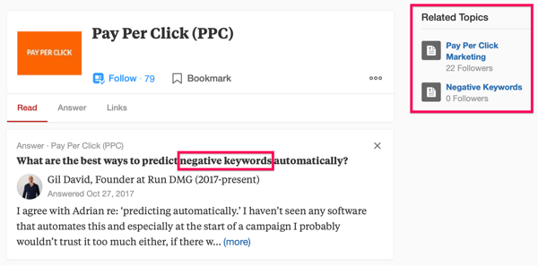 Пример резултата претраге Куора, укључујући термин за претрагу „ППЦ“ и фразу „негативне кључне речи“.