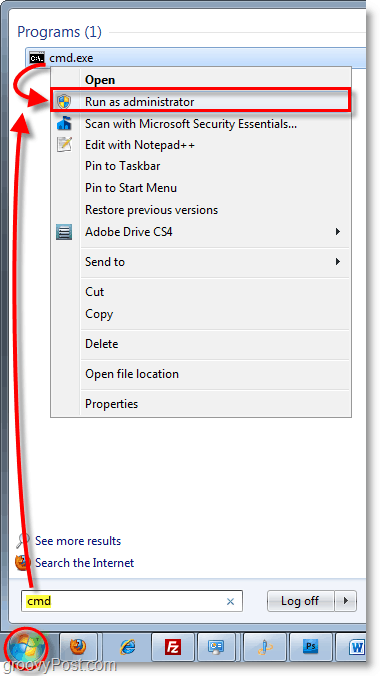 Снимак екрана за Виндовс 7 - покретање цмд-а као администратора