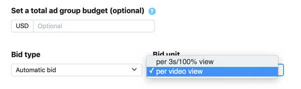 Опција за подешавање врсте и јединице понуде за ваш промовисани видео приказ на Твиттер огласу.