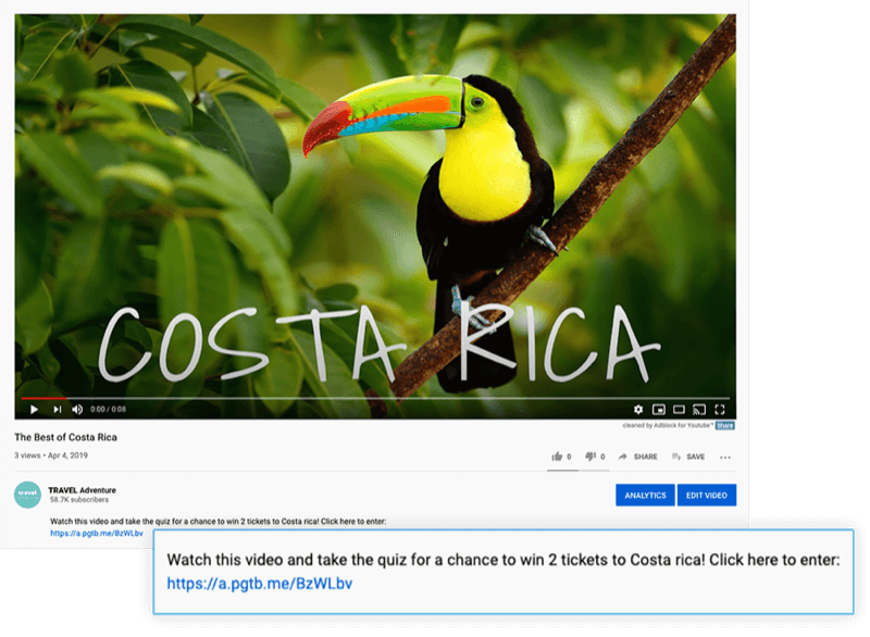 истакли опис ИоуТубе видеа са понудом да погледате видео и учествујете у квизу и освојите 2 карте за Костарику