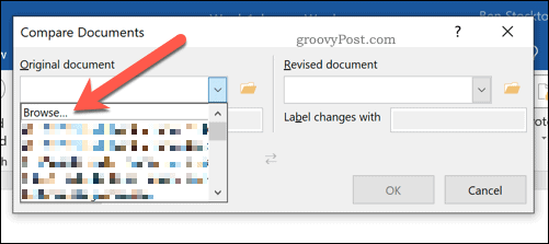 Избор докумената за упоређивање у програму Мицрософт Ворд