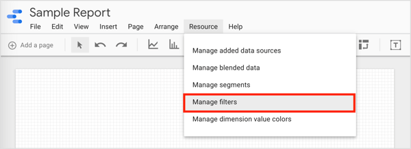 Да бисте филтрирали податке и креирали групе које можете користити, на траци менија кликните Ресурс и у падајућем менију одаберите Управљање филтрима.