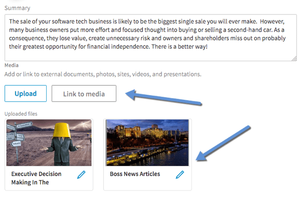 Кликните на Линк то Медиа да бисте додали видео у одељке Резиме, Искуство и Образовање на вашем ЛинкедИн профилу.