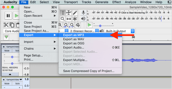 Изаберите Филе> Екпорт> Екпорт ас МП3 да бисте преузели аудио датотеку из Аудацити.