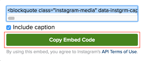 Кликните зелено дугме да бисте копирали Инстаграм код за уграђивање.