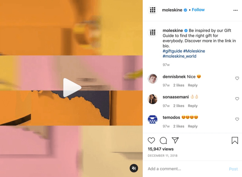 пример видео поста за инстаграм поклон-идеја од @молескине са позивом на акцију који гледаоце упућује на везу у биографији за више