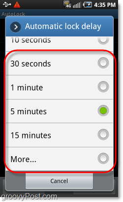 одаберите време закључавања узорка за Андроид