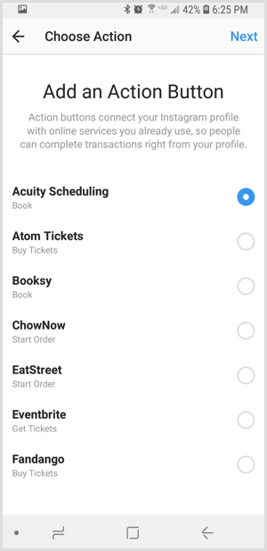изаберите независну апликацију на Инстаграму Додајте екран дугмета акције