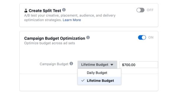одабир оптимизације буџета кампање и доживотног буџета за Фацебоок кампању на дан флеш продаје