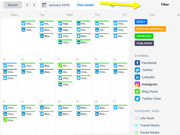 Како организовати маркетиншке задатке на друштвеним мрежама, преглед календара ЦонтентЦал са филтерима