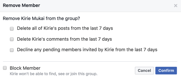 Можете уклонити постове чланова, коментаре и позиве чланова када их уклоните из своје Фацебоок групе.