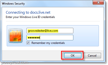 унесите своје корисничко име и лозинку за Виндовс Ливе налог у Мицрософт Оффице 2010