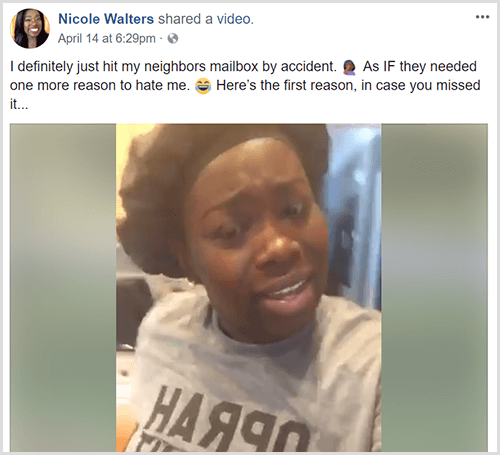Никол Волтерс објавила је видео на Фејсбуку са уводним текстом у којем се каже да је случајно погодила поштанско сандуче своје комшије. Никол носи црни омот за главу и сиву мајицу.