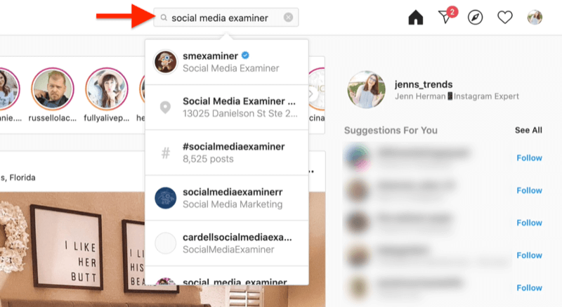 снимак екрана радне површине који приказује претрагу инстаграм налога помоћу израза за претрагу испитивача друштвених медија
