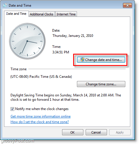 Снимак екрана за Виндовс 7 - промените датум и време