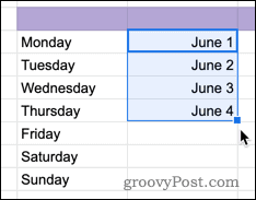 Пуњење ћелија датумима у Гоогле таблицама