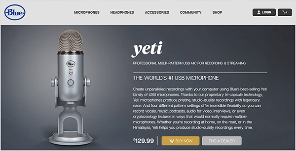 Дусти Портер препоручује надоградњу на УСБ микрофон као што је Блуе Иети. На плавој страници продаје Иети микрофона на тамно сивој позадини појављује се слика хромираног микрофона на постољу. Цена је наведена као 129,00 УСД.