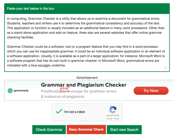Залепите свој текст у оквир за текст програма Граммар Цхецкер и кликните Цхецк Граммар.