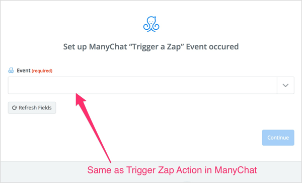 Изаберите акцију Триггер Зап коју сте креирали у току МаниЦхат.