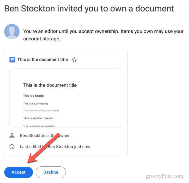 Пошаљите позивницу е-поштом да прихватите или одбијете власништво над датотеком Гоогле докумената
