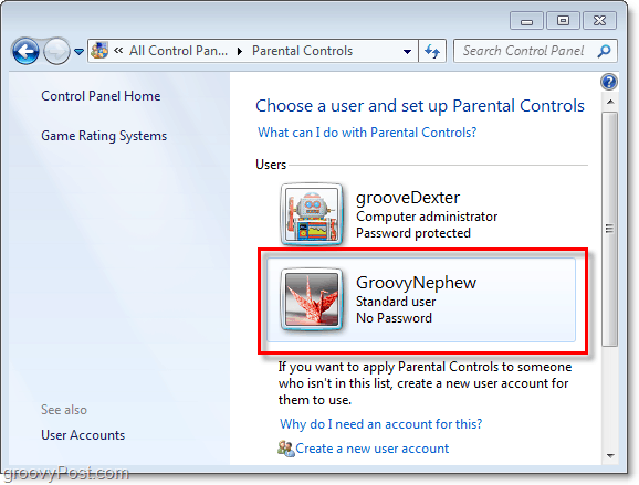 одаберите корисника за прилагођавање својстава родитељског надзора за Виндовс 7