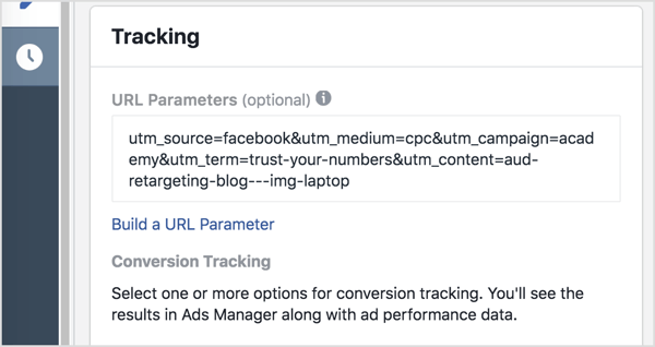 У Ад Манагер додајте параметре праћења (све након знака питања) у поље Параметри УРЛ-а.