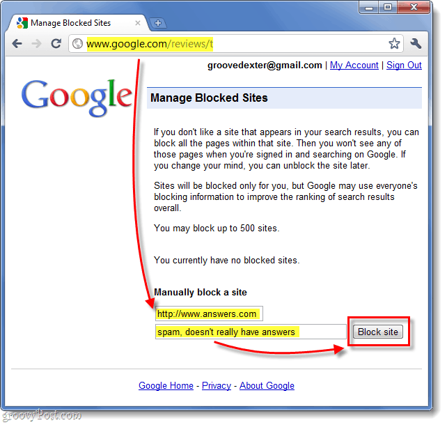 ручно блокирајте веб локацију из резултата претраге Гоогле 