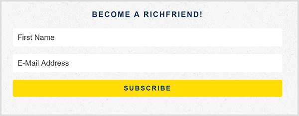 Ницоле Валтерс своју листу е-поште назива својом списком богатих пријатеља како је приказано на обрасцу за регистрацију е-поште на њеној веб страници. Тражи име и адресу е-поште. Образац има светло жуто дугме Претплати се.