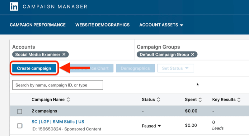 Пример контролне табле огласа повезаних менаџера кампање са истакнутим дугметом „Направи кампању“