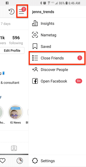 Опција за блиске пријатеље са Инстаграм профила.