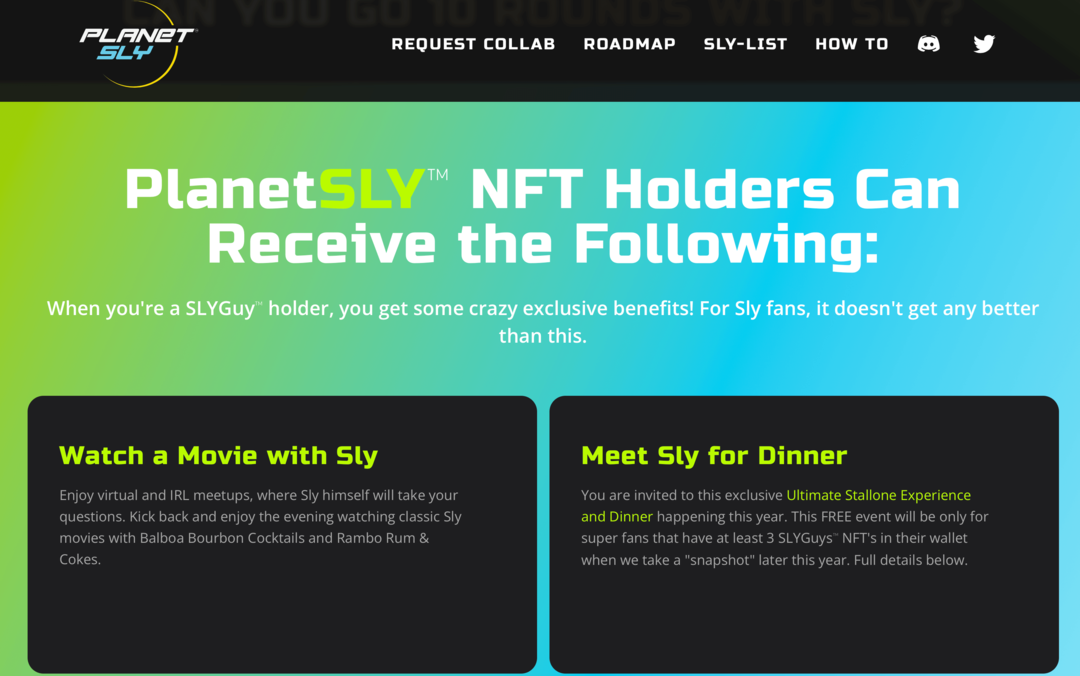 слика ПланетСли веб локације која објашњава предности за СЛИГуи НФТ власнике