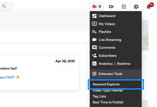 Како користити видео серију за раст ИоуТубе канала, опција менија за алатку за истраживање кључних речи ТубеБудди