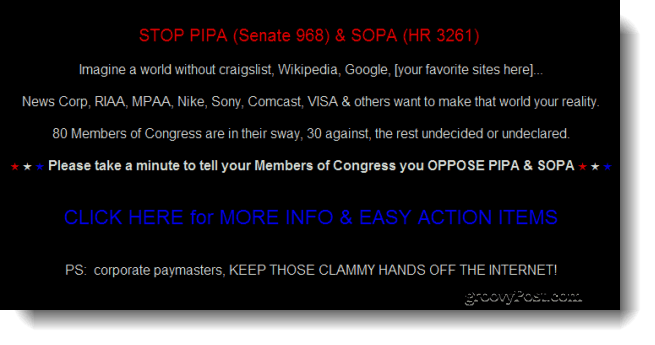 Гоогле, Википедиа Међу веб локацијама „Затамни се“ да би данас у Конгресу протестовали на приједлоге закона о борби против пиратерије