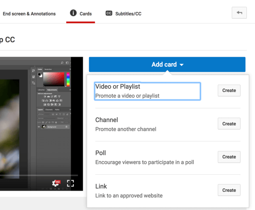 Кликните на Додај картицу и одаберите врсту картице коју желите да додате на свој ИоуТубе видео.