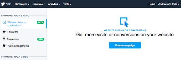 Изаберите опцију Кликови на веб локацији или Конверзије да бисте поставили свој Твиттер оглас.