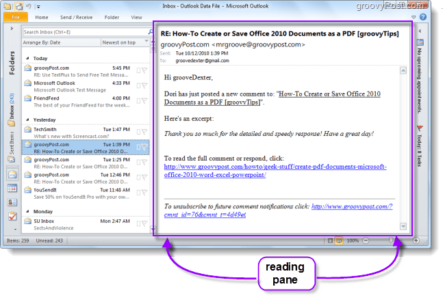Е-поруке за приказ прозора за читање у програму Оутлоок 2010
