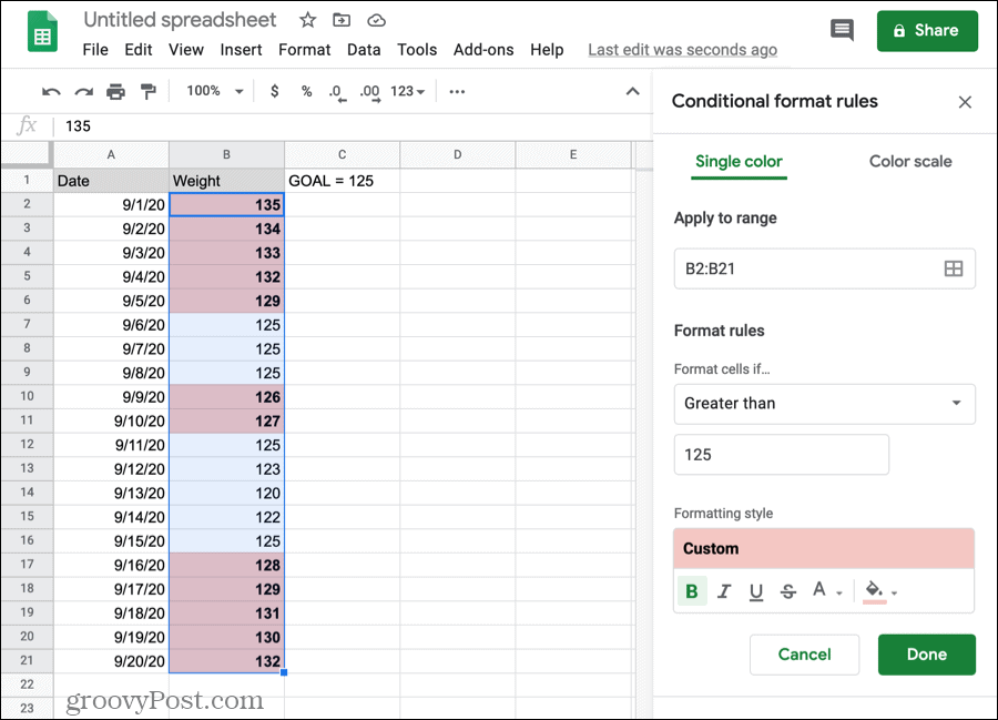 Условно форматирање бројева у Гоогле табелама