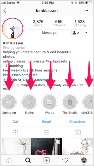 Истакнуте фотографије бренда Инстаграм на профилу Ким Классен.
