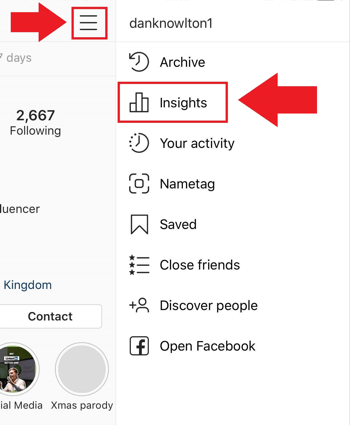 Стратегија маркетинга на друштвеним мрежама; Снимак екрана где приступити Инстаграм Инсигхтс-у у апликацији Инстаграм.