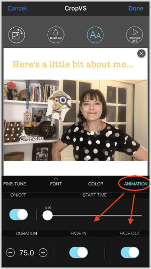 Додирните Анимација да бисте прилагодили подешавања фаде ин анд фаде оут у ЦропВС.