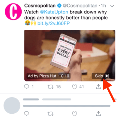 Пример Твиттер видео огласа са опцијом прескакања огласа након 6 секунди.