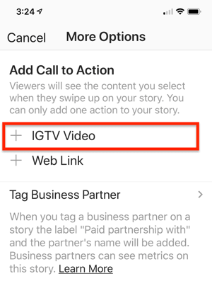 Могућност одабира ИГТВ видео везе коју ћете додати у своју Инстаграм причу.