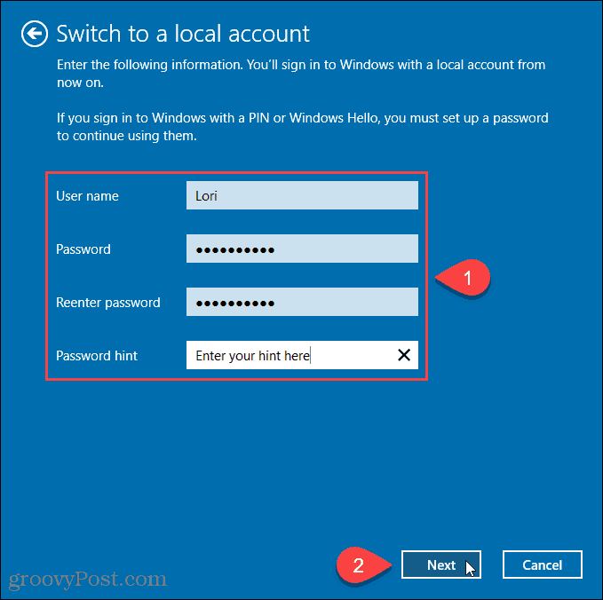 Унесите корисничко име и лозинку за нови локални налог