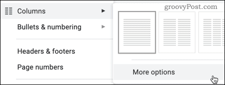 Опција Више опција за колоне у Гоогле документима
